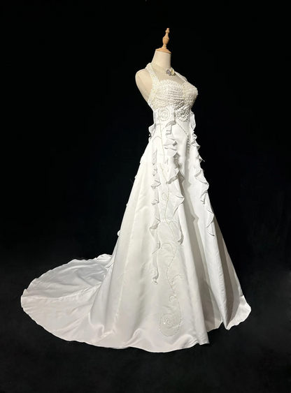 Unique Bridal Dress A line Halter Wedding Dress With Beads Layers White 90s Chiffon Wedding Dresses Vintage Bride Dress Bridal Gowns DH1263