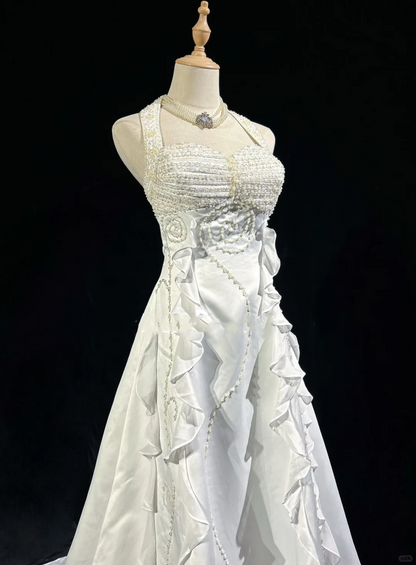 Unique Bridal Dress A line Halter Wedding Dress With Beads Layers White 90s Chiffon Wedding Dresses Vintage Bride Dress Bridal Gowns DH1263