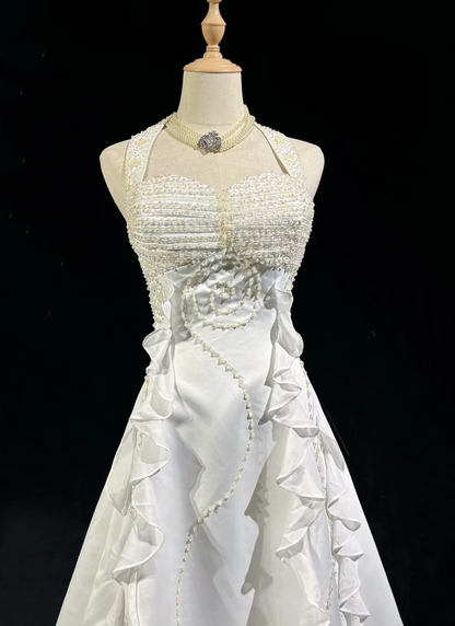 Unique Bridal Dress A line Halter Wedding Dress With Beads Layers White 90s Chiffon Wedding Dresses Vintage Bride Dress Bridal Gowns DH1263