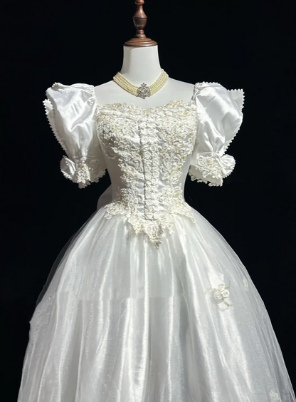 Princess Bridal Gown Ball Gown Square Neck Tulle 1960s Wedding Dress With White Short Sleeves Lace Wedding Dresses Vintage 80s Wedding Gowns DH1266