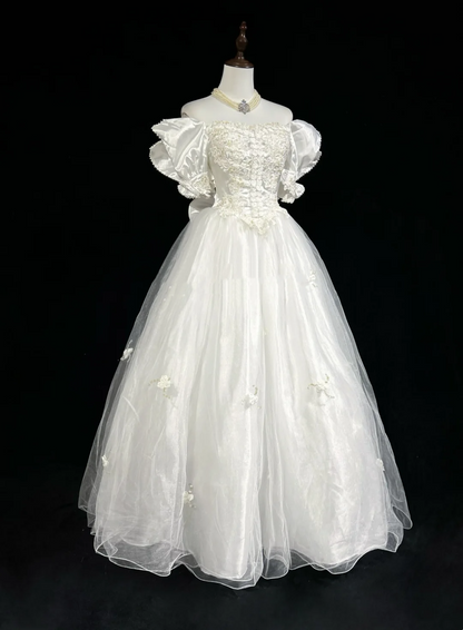 Princess Bridal Gown Ball Gown Square Neck Tulle 1960s Wedding Dress With White Short Sleeves Lace Wedding Dresses Vintage 80s Wedding Gowns DH1266