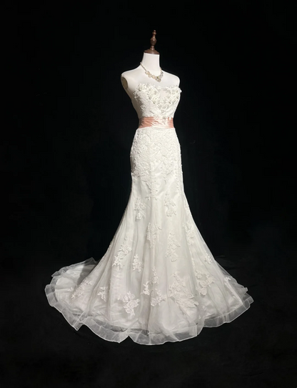 Classic Wedding Dress Mermaid Strapless White Lace Long 70s Wedding Dresses Vintage Bride Dress Bridal Gowns DH1267
