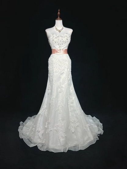 Classic Wedding Dress Mermaid Strapless White Lace Long 70s Wedding Dresses Vintage Bride Dress Bridal Gowns DH1267
