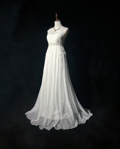 Unique Bridal Dress A line One Shoulder Chiffon White Wedding Dress With Beads 90s Wedding Dresses Vintage Bride Dress Bridal Gowns DH1268