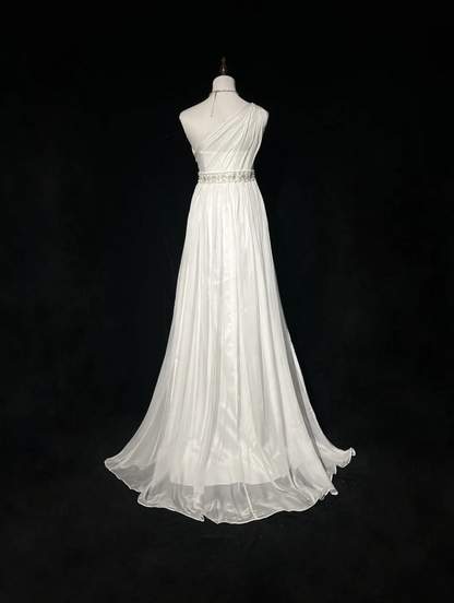 Unique Bridal Dress A line One Shoulder Chiffon White Wedding Dress With Beads 90s Wedding Dresses Vintage Bride Dress Bridal Gowns DH1268