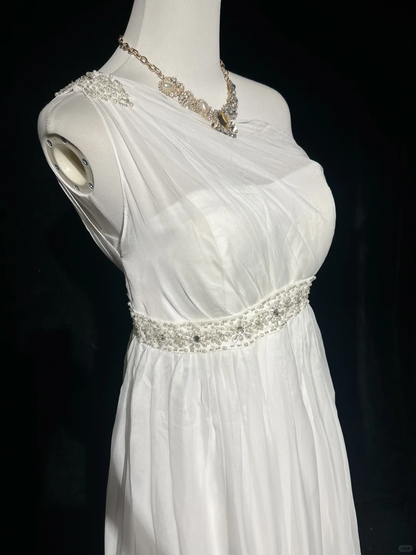 Unique Bridal Dress A line One Shoulder Chiffon White Wedding Dress With Beads 90s Wedding Dresses Vintage Bride Dress Bridal Gowns DH1268