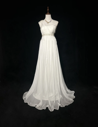 Unique Bridal Dress A line One Shoulder Chiffon White Wedding Dress With Beads 90s Wedding Dresses Vintage Bride Dress Bridal Gowns DH1268