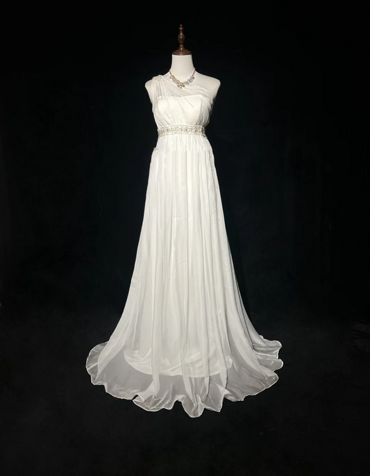 Unique Bridal Dress A line One Shoulder Chiffon White Wedding Dress With Beads 90s Wedding Dresses Vintage Bride Dress Bridal Gowns DH1268