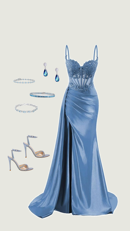 Elegant Mermaid Spaghetti Straps Blue Slit Satin Long Prom Dresses Party Dress Summer 20th Birthday Outfits 18th Birthday Dresses DH1284