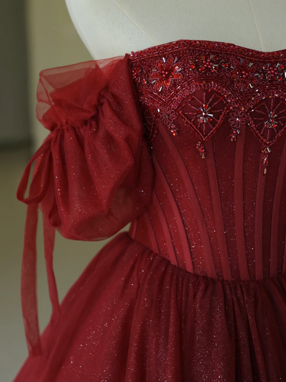 Pretty Ball Gown Off The Shoulder Burgundy Tulle Long Quinceanera Dress Formal Gowns Vestido De 15 Anos Sweet 16 Dress DH1286