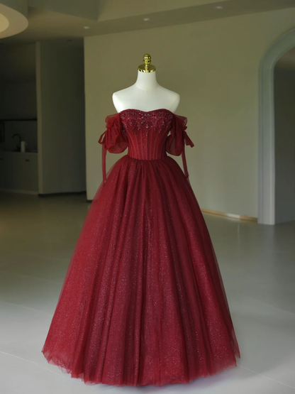 Pretty Ball Gown Off The Shoulder Burgundy Tulle Long Quinceanera Dress Formal Gowns Vestido De 15 Anos Sweet 16 Dress DH1286