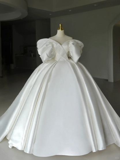 Princess Bridal Gown Ball Gown Off The Shoulder Satin Wedding Dress With White Short Sleeves Wedding Dresses Modest Wedding Gowns DH1287