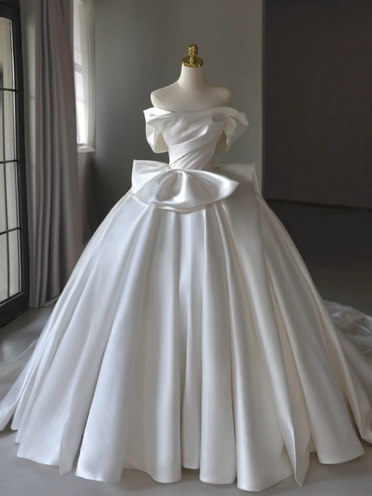 Princess Bridal Gown Ball Gown Off The Shoulder Satin Wedding Dress With White Short Sleeves Wedding Dresses Modest Wedding Gowns DH1288
