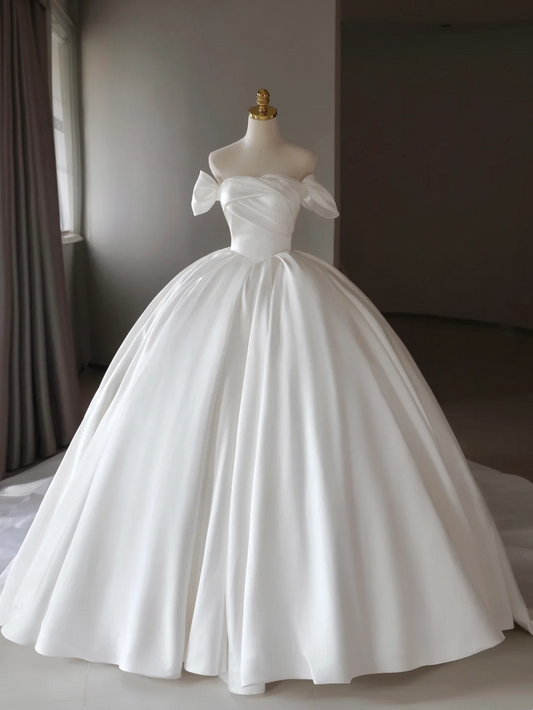 Princess Bridal Dress Ball Gown Off The Shoulder Satin Wedding Dress With White Short Sleeves Wedding Dresses Modest Wedding Gowns DH1289
