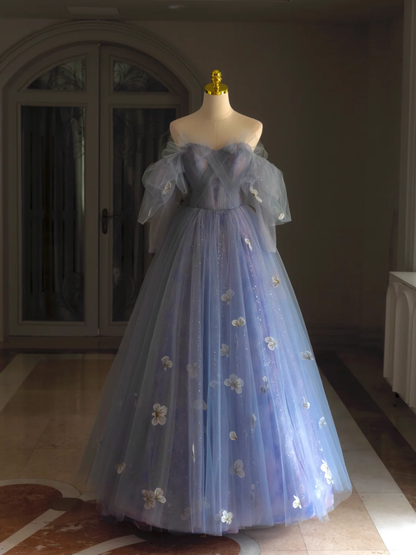 Pretty Ball Gown Off The Shoulder Blue Lilac Tulle Long Quinceanera Dress Formal Gowns Vestido De 15 Anos Sweet 16 Dress DH1291