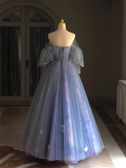 Pretty Ball Gown Off The Shoulder Blue Lilac Tulle Long Quinceanera Dress Formal Gowns Vestido De 15 Anos Sweet 16 Dress DH1291