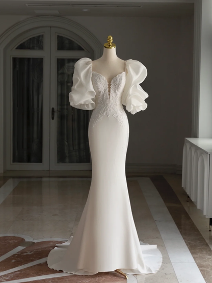 Retro Mermaid Sweetheart 3/4 Sleeves Satin Wedding Dress With Lace Wedding Dresses Modest Wedding Gowns DH1296