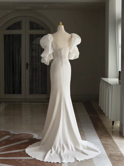 Retro Mermaid Sweetheart 3/4 Sleeves Satin Wedding Dress With Lace Wedding Dresses Modest Wedding Gowns DH1296