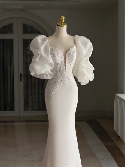 Retro Mermaid Sweetheart 3/4 Sleeves Satin Wedding Dress With Lace Wedding Dresses Modest Wedding Gowns DH1296