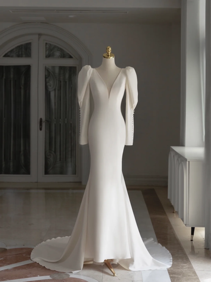 Simple Mermaid V Neck Long Sleeves Satin Wedding Dress With Buttons Wedding Dresses Modest Wedding Gowns Brides Dress DH1297