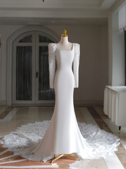 Simple Mermaid Square Neck Long Sleeves Satin Wedding Dress With Lace Wedding Dresses Modest Wedding Gowns Brides Dress DH1298