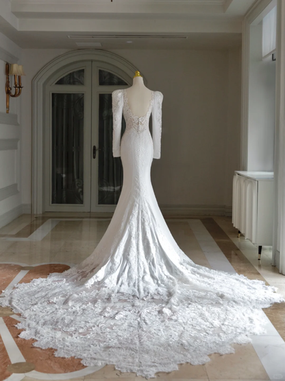 Simple Mermaid Square Neck Long Sleeves Satin Wedding Dress With Lace Wedding Dresses Modest Wedding Gowns Brides Dress DH1298