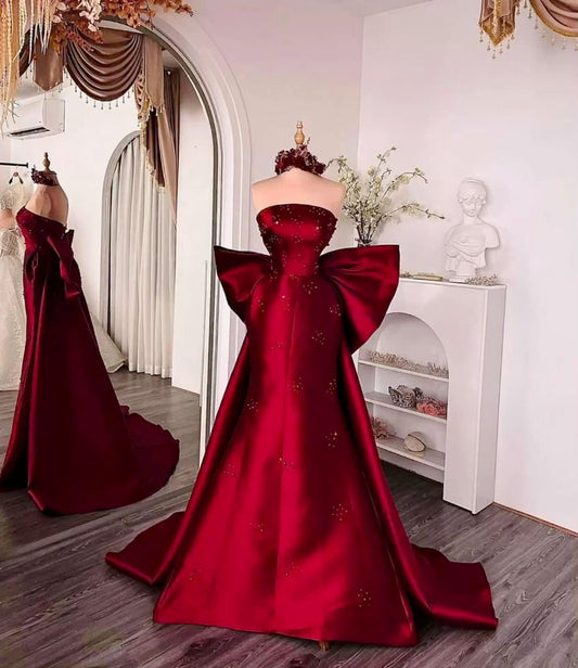 Elegant Mermaid Strapless Burgundy Satin Long Prom Dresses Party Dress Summer 20th Birthday Outfits 18th Birthday Dress Inspo For Teens DH130