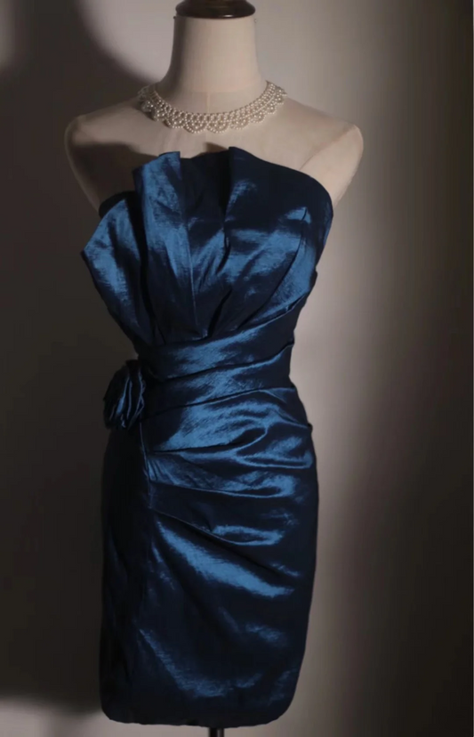 Retro Sheath Strapless Navy Blue Taffeta Mini Short Formal 8th Grade Homecoming Dresses Summer Middle School Hoco Dress 18th Birthday Outfits DH1307