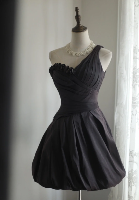 Retro Ball Gown One Shoulder Black Taffeta Mini Short Formal 8th Grade Homecoming Dresses Summer Middle School Hoco Dress 16th Birthday Outfits DH1308