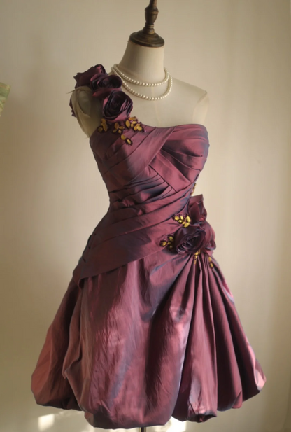 Retro Ball Gown One Shoulder Burgundy Taffeta Mini Short Formal 8th Grade Homecoming Dresses Summer Middle School Hoco Dress 16th Birthday Outfits DH1312