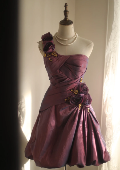 Retro Ball Gown One Shoulder Burgundy Taffeta Mini Short Formal 8th Grade Homecoming Dresses Summer Middle School Hoco Dress 16th Birthday Outfits DH1312