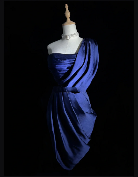 Unique Sheath One Shoulder Royal Blue Sleeveless Satin Mini Formal 7th Grade Homecoming Dresses Middle School Prom Dress Hoco Outfits DH1340