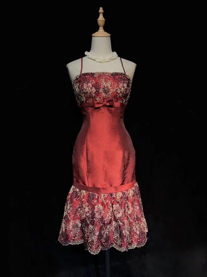 Trendy Mermaid Spaghetti Straps Rust Red Lace Short Formal 8th Grade Homecoming Dresses Middle School Prom Dress Hoco Outfits DH1437