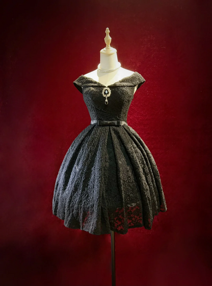 Vintage Ball Gown Off The Shoulder Black Lace Formal 8th Grade Homecoming Dresses Middle School Short Prom Dress Hoco Outfits DH1445