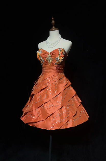 Cute Ball Gown Sweetheart Orange Taffeta Layers Formal 7th Grade Homecoming Dresses Middle School Short Prom Dress Cocktail Birthday Outfits DH1449