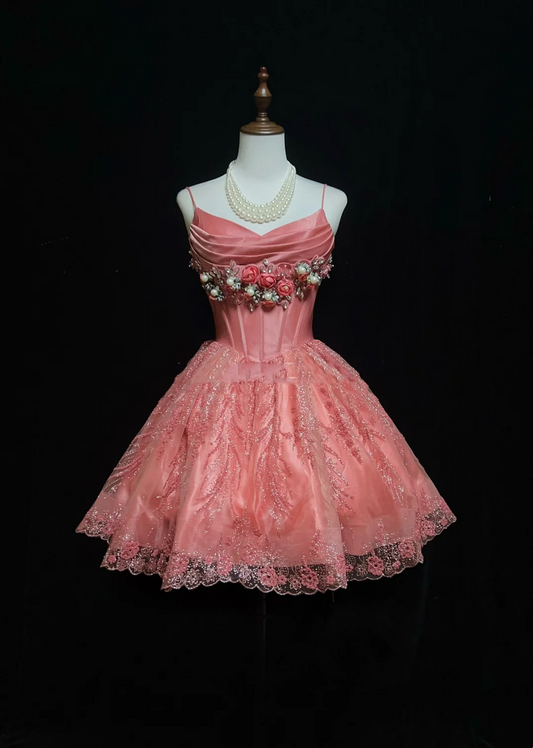 Cute Ball Gown Spaghetti Straps Pink Lace Short Mini Formal 8th Grade Homecoming Dresses Middle School Cocktail Night Dress Hoco Outfits DH1453