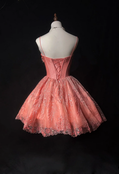 Cute Ball Gown Spaghetti Straps Pink Lace Short Mini Formal 8th Grade Homecoming Dresses Middle School Cocktail Night Dress Hoco Outfits DH1453