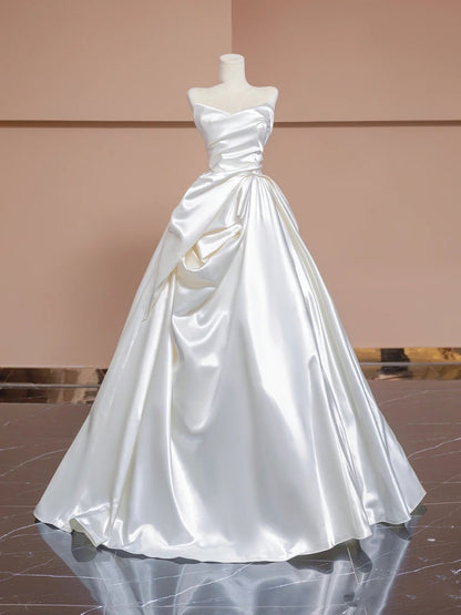 Unique Wedding Dresses Ball Gown Sweetheart Neck Satin White Long Wedding Dresses Simple Bride Dress Bridal Gowns DH1482