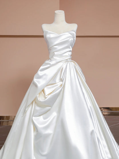 Unique Wedding Dresses Ball Gown Sweetheart Neck Satin White Long Wedding Dresses Simple Bride Dress Bridal Gowns DH1482