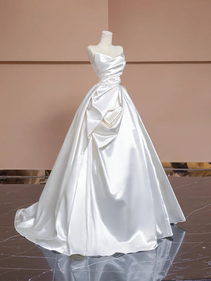 Unique Wedding Dresses Ball Gown Sweetheart Neck Satin White Long Wedding Dresses Simple Bride Dress Bridal Gowns DH1482