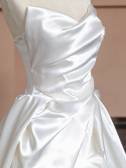 Unique Wedding Dresses Ball Gown Sweetheart Neck Satin White Long Wedding Dresses Simple Bride Dress Bridal Gowns DH1482