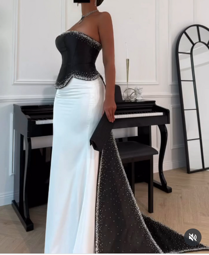 Retro Wedding Dresses Mermaid Strapless Satin Black Long Wedding Dresses Simple Bride Dress Bridal Gowns DH1488