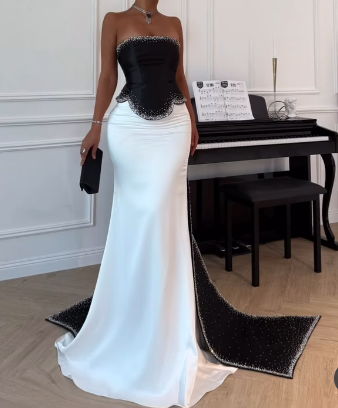 Retro Wedding Dresses Mermaid Strapless Satin Black Long Wedding Dresses Simple Bride Dress Bridal Gowns DH1488