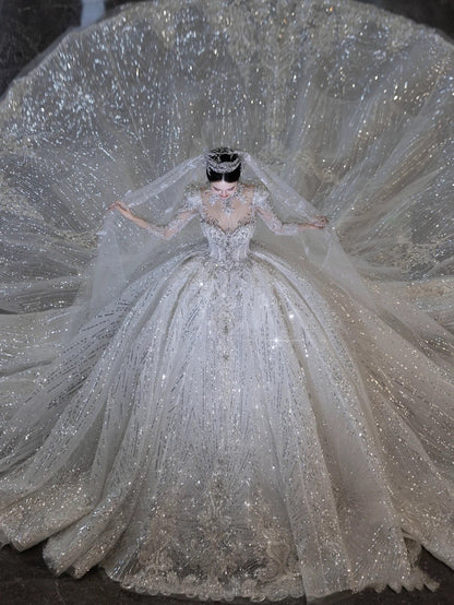 Luxury Ball Gown Sweetheart Sequin With Lace White Wedding Dress Modest Wedding Dresses Princess Wedding Gowns DH1494