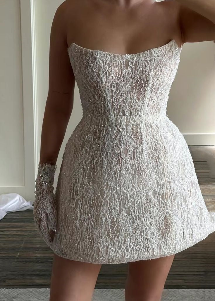Modest Wedding Dress A line Strapless Summer Short Lace Wedding Dresses Bride Dress Bridal Gowns DH15