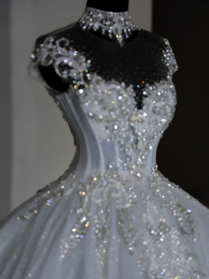 Unique Bridal Dress Ball Gown Scoop White Sequin Long Wedding Dresses Luxury Bride Dress Bridal Gowns DH1519