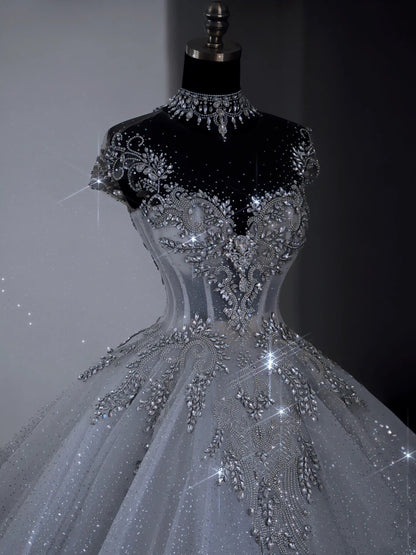 Unique Bridal Dress Ball Gown Scoop White Sequin Long Wedding Dresses Luxury Bride Dress Bridal Gowns DH1519