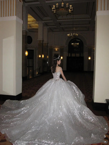 Unique Bridal Dress Ball Gown Scoop White Sequin Long Wedding Dresses Luxury Bride Dress Bridal Gowns DH1519