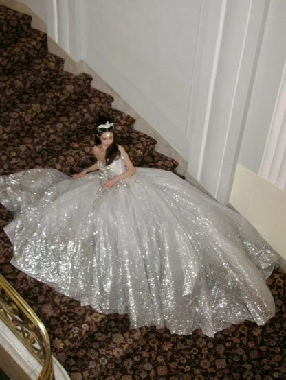 Unique Bridal Dress Ball Gown Scoop White Sequin Long Wedding Dresses Luxury Bride Dress Bridal Gowns DH1519