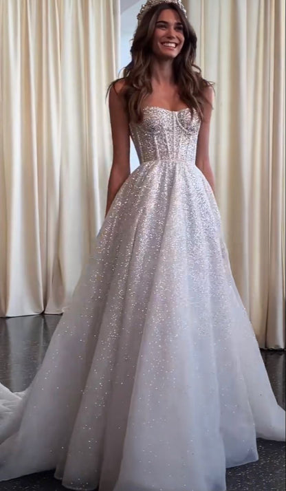Unique Bridal Dress A Line Spaghetti Straps White Sequin Long Wedding Dresses Luxury Bride Dress Bridal Gowns DH1520